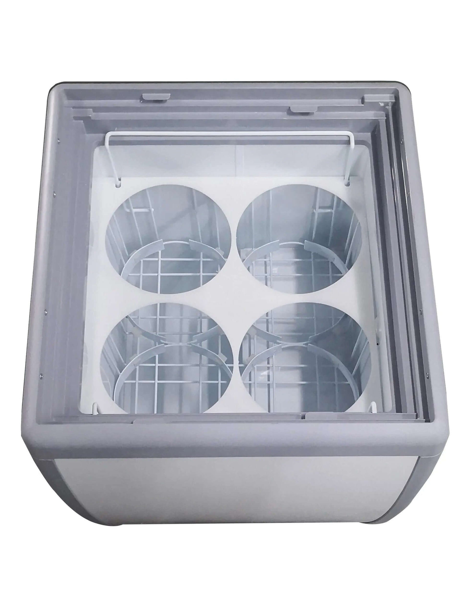 Interior view of the FG-150 flat glass top ice cream freezer showing four compartments.