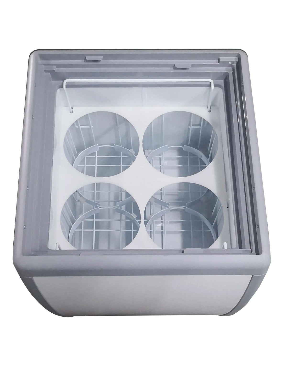 Interior view of the FG-150 flat glass top ice cream freezer showing four compartments.