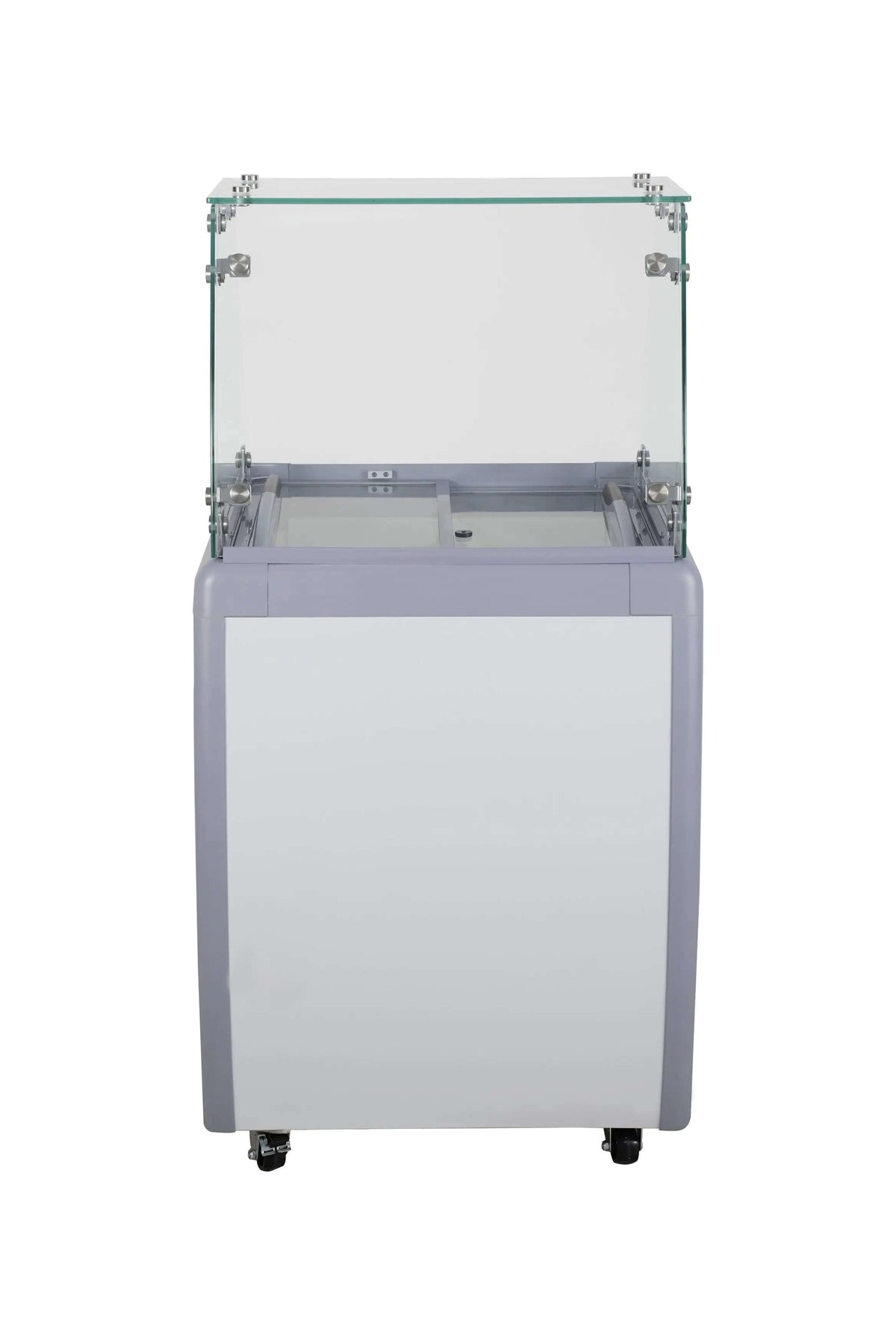 FG-150 Flat Glass Top Ice Cream Freezer - 26" Width showcasing a sleek design and glass top for visibility.