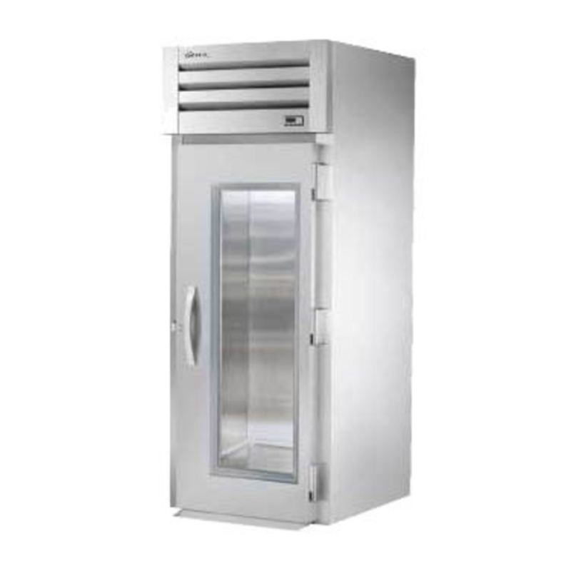 True STG1RRI-1G-HC single-section roll-in refrigerator for commercial kitchens with glass door.