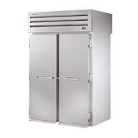 True STG2RRT89-2S-2S-HC 68-Inch double-section roll-thru refrigerator with stainless steel doors.